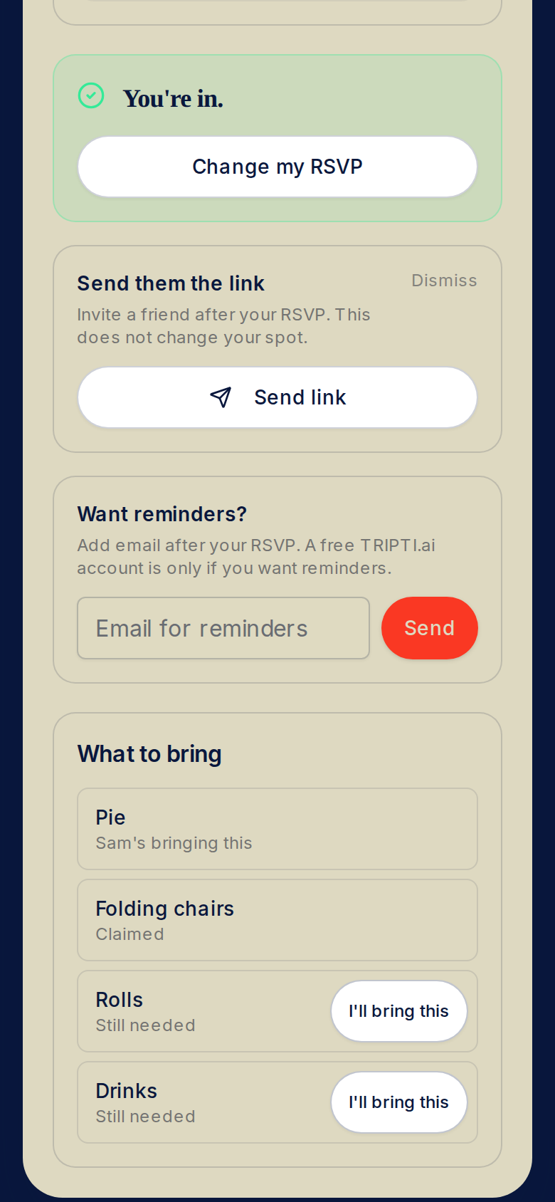 An event's What to bring list with Pie claimed by Sam, Folding chairs claimed, and Rolls and Drinks still needed