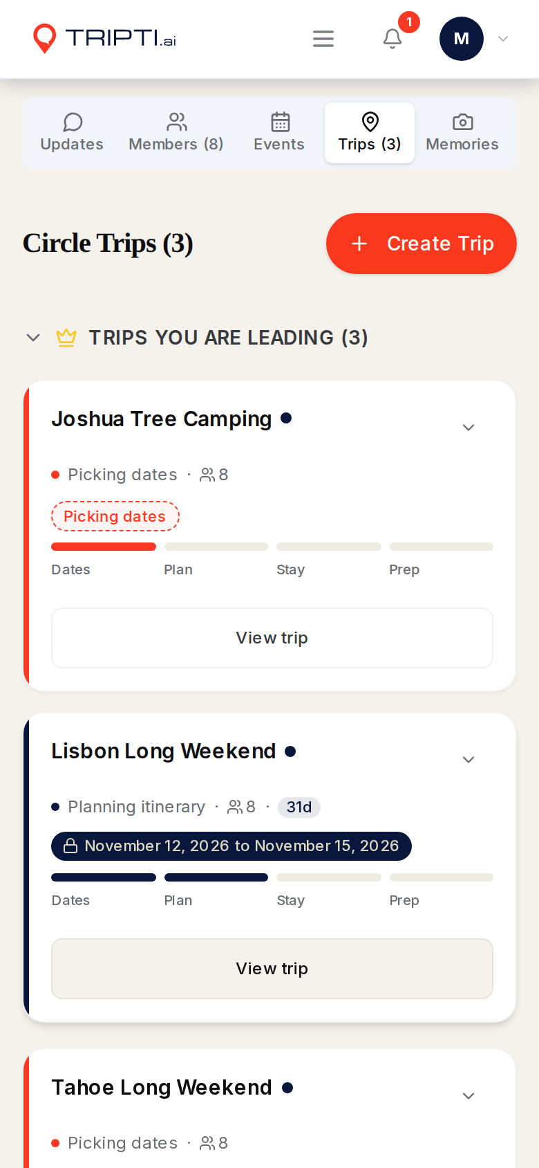 A circle's Trips tab listing three trips