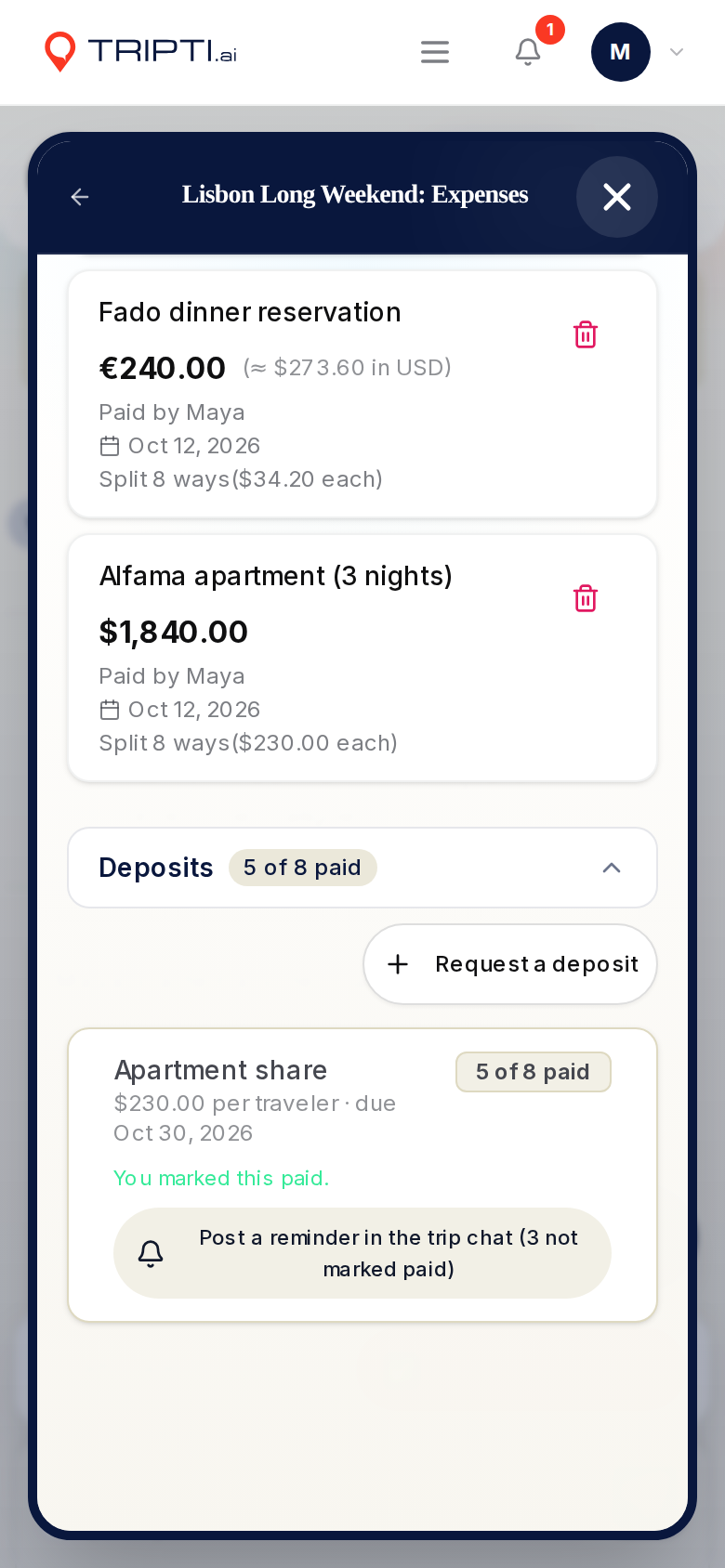 A deposit of $230 per traveler, due October 30, with 5 of 8 marked paid