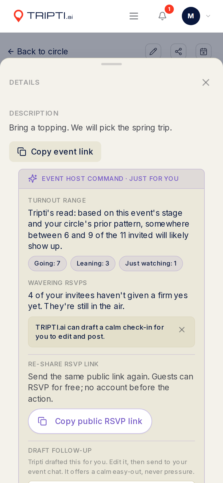 An event host's view with a likely turnout of 6 to 9 of the 11 invited, and counts for going, leaning and just watching