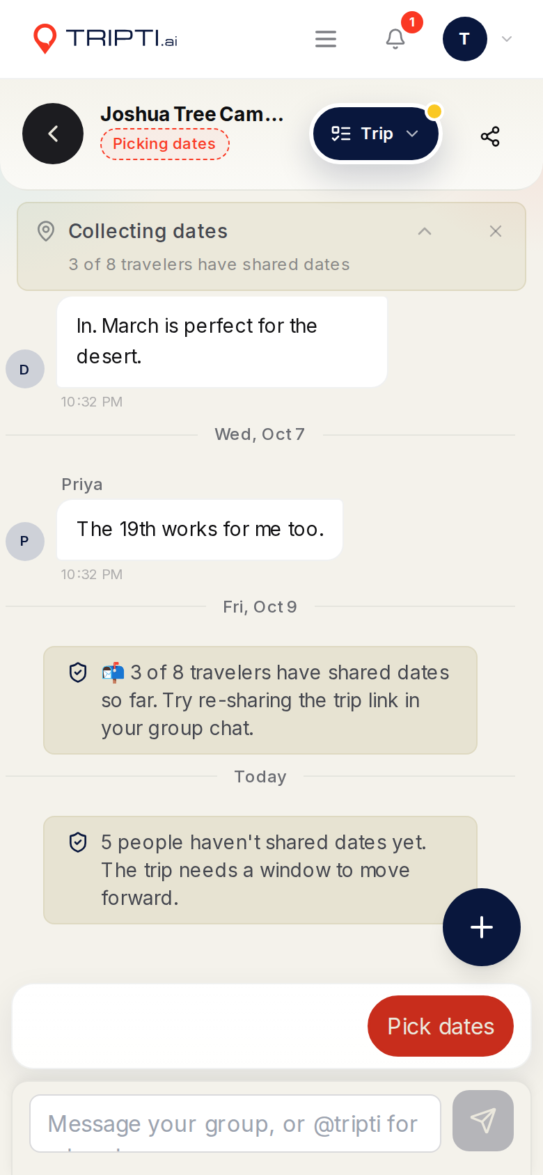 The trip chat with a message from Tripti saying 5 people haven't shared dates yet