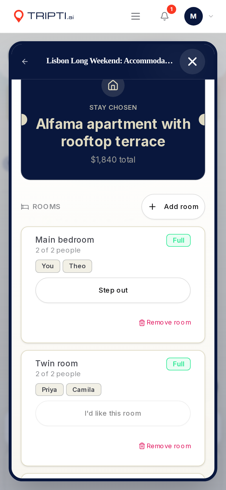 The rooms list for a trip, showing who has claimed a spot in each room