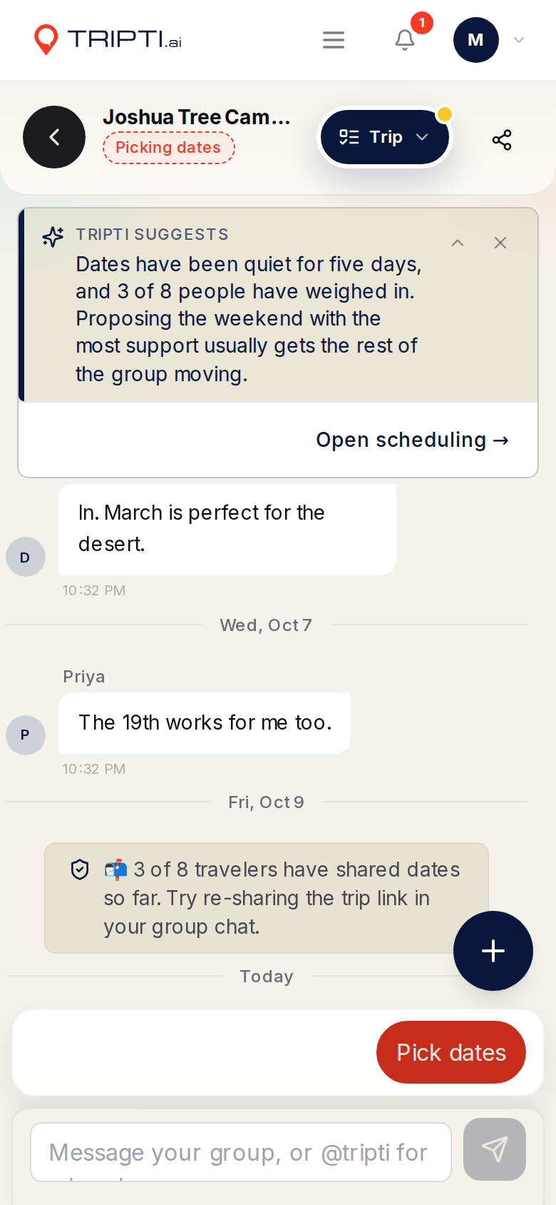 A Tripti suggests card above the trip chat, with an Open scheduling button